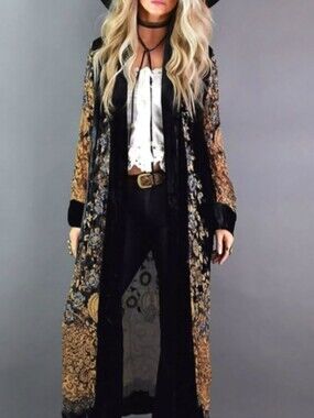Heida Abra Isadora Opera Coat Bohemian Black & Tan Silk Burnout Duster Robe